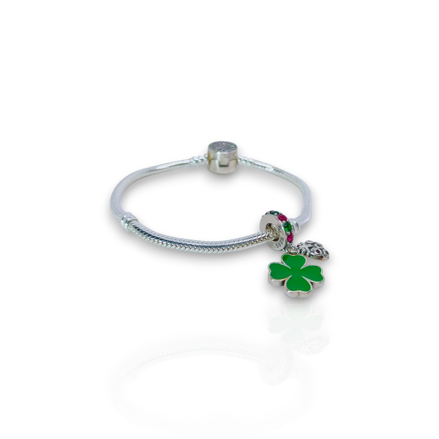 Talisman/Charm din argint - trifoi verde și buburuză cu pietre