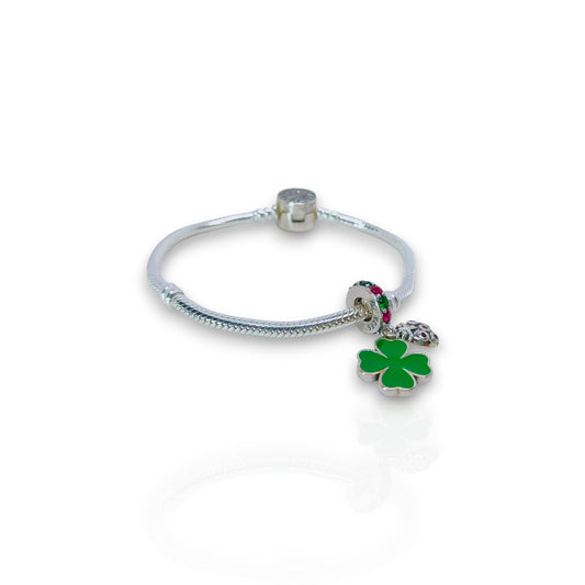 Talisman/Charm din argint - trifoi verde și buburuză cu pietre