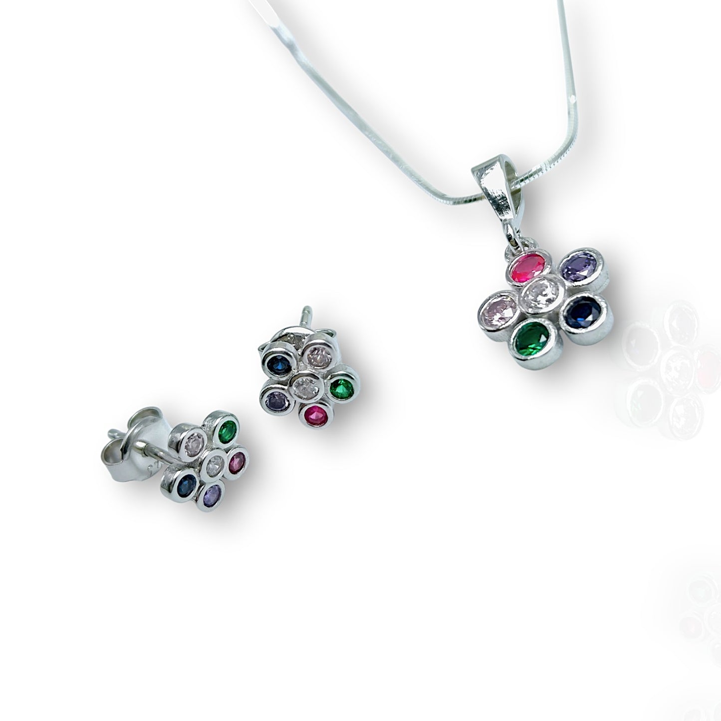 Set din argint, flori multicolore